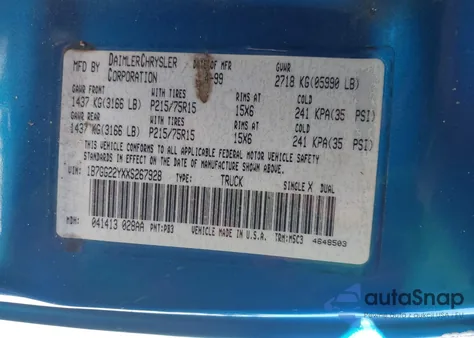 1999 Dodge Dakota Slt/Sport из США, поврежденный, VIN 1B7GG22YXXS267928